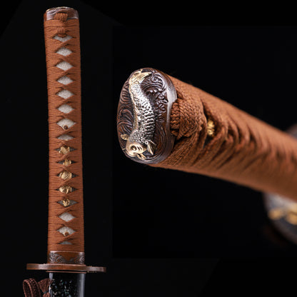 Sanmai-Gumi Clay Tempered Katana, Koi Fish Relief Gold Silver Plated Copper Fittings