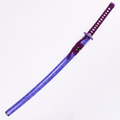Purple Dragon katana angled view - blade curvature and dragon engraving showcase