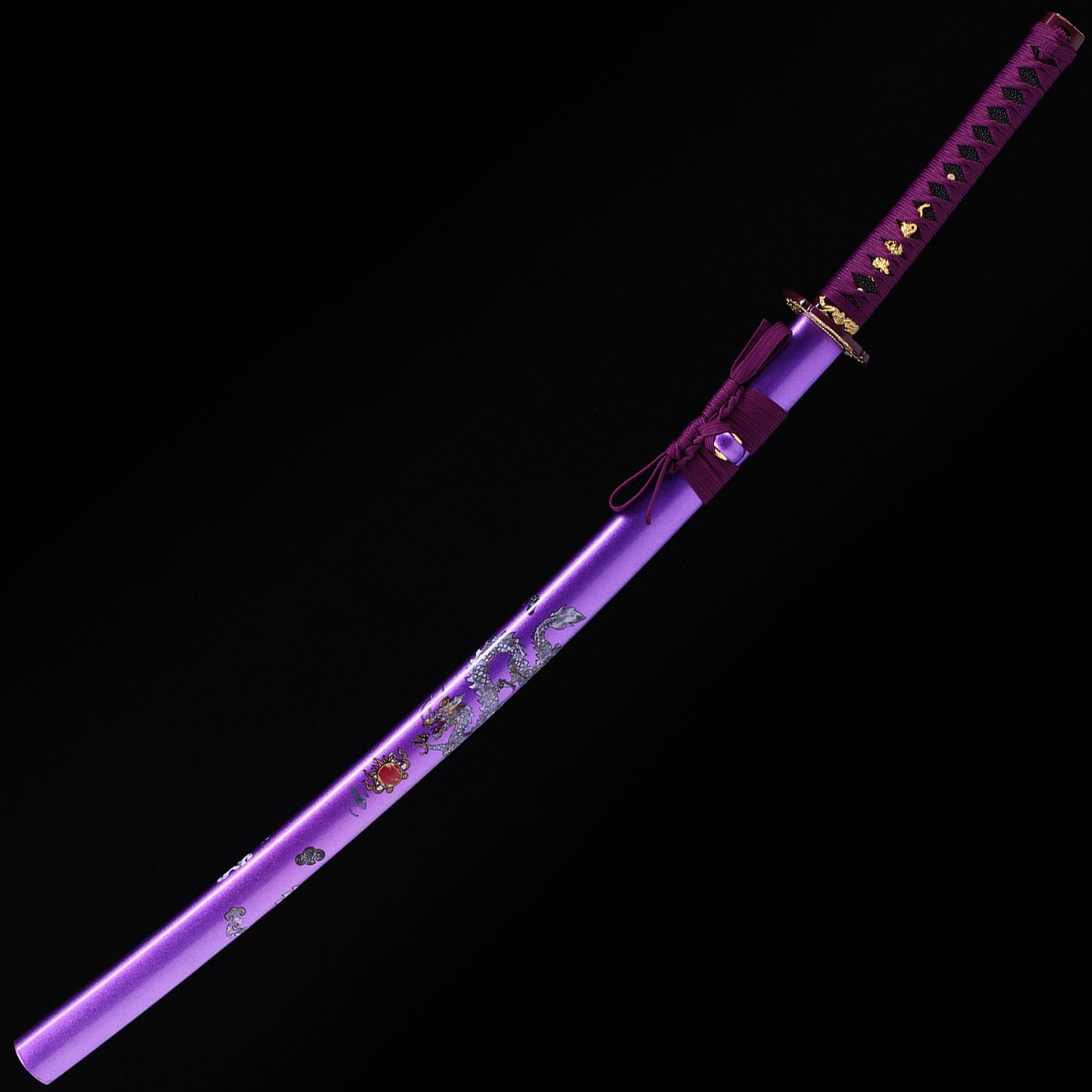 Purple Dragon katana angled view - blade curvature and dragon engraving showcase