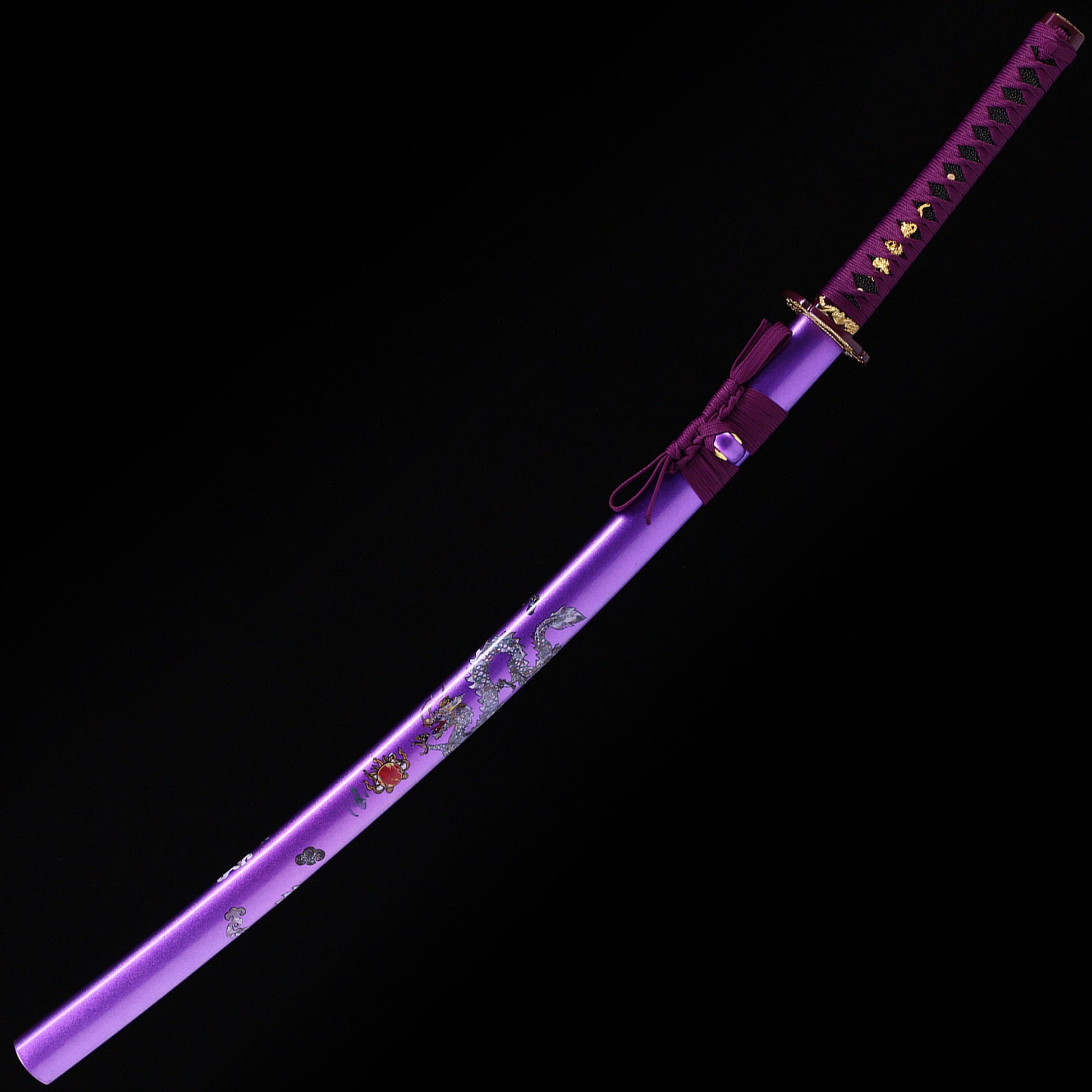 Purple Dragon katana angled view - blade curvature and dragon engraving showcase