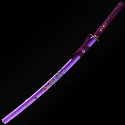 Purple Dragon katana angled view - blade curvature and dragon engraving showcase