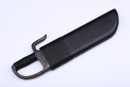 Vintage Engraved Brass Guard Thick Leather Wrapped Wood Saya  Twin Knives