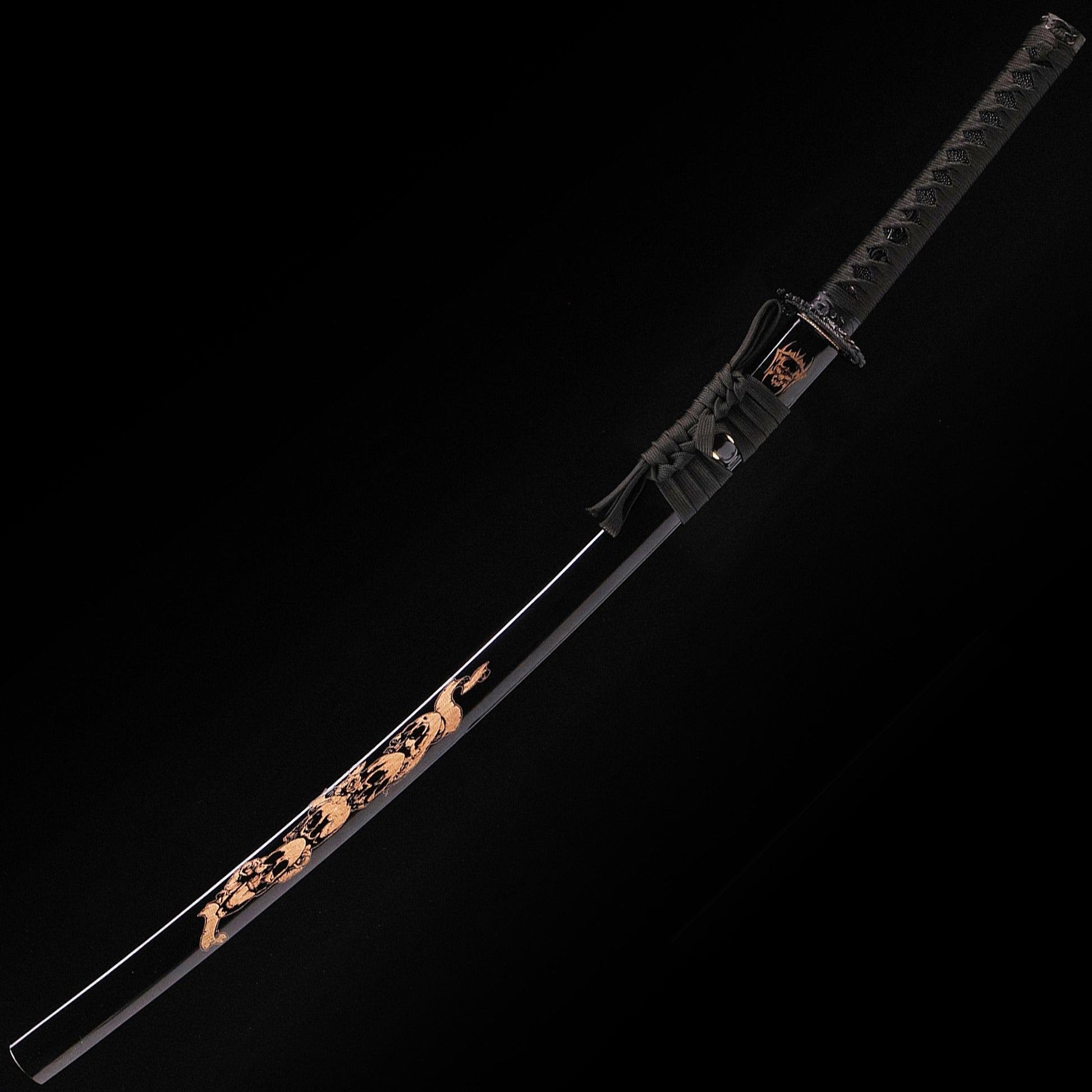 Black Dragon katana angled view - blade curvature and dragon engraving showcase