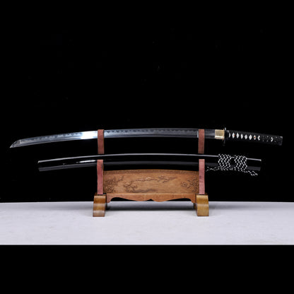 Damascus Steel Clay Tempered Katana, Gloss Black Lacquer Saya
