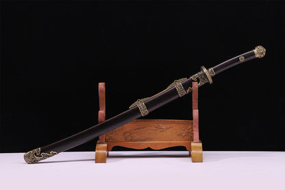 Solid Ebony Wood Hollow Relief Brass Fittings Vintage  Sword