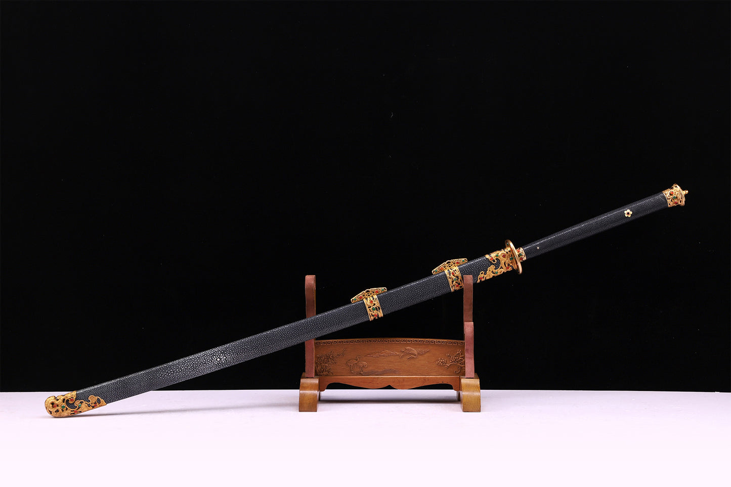 Full Wrapped Black Ray Skin Hollow Gilded Dragon Gem Inlaid Brass Fittings Sword
