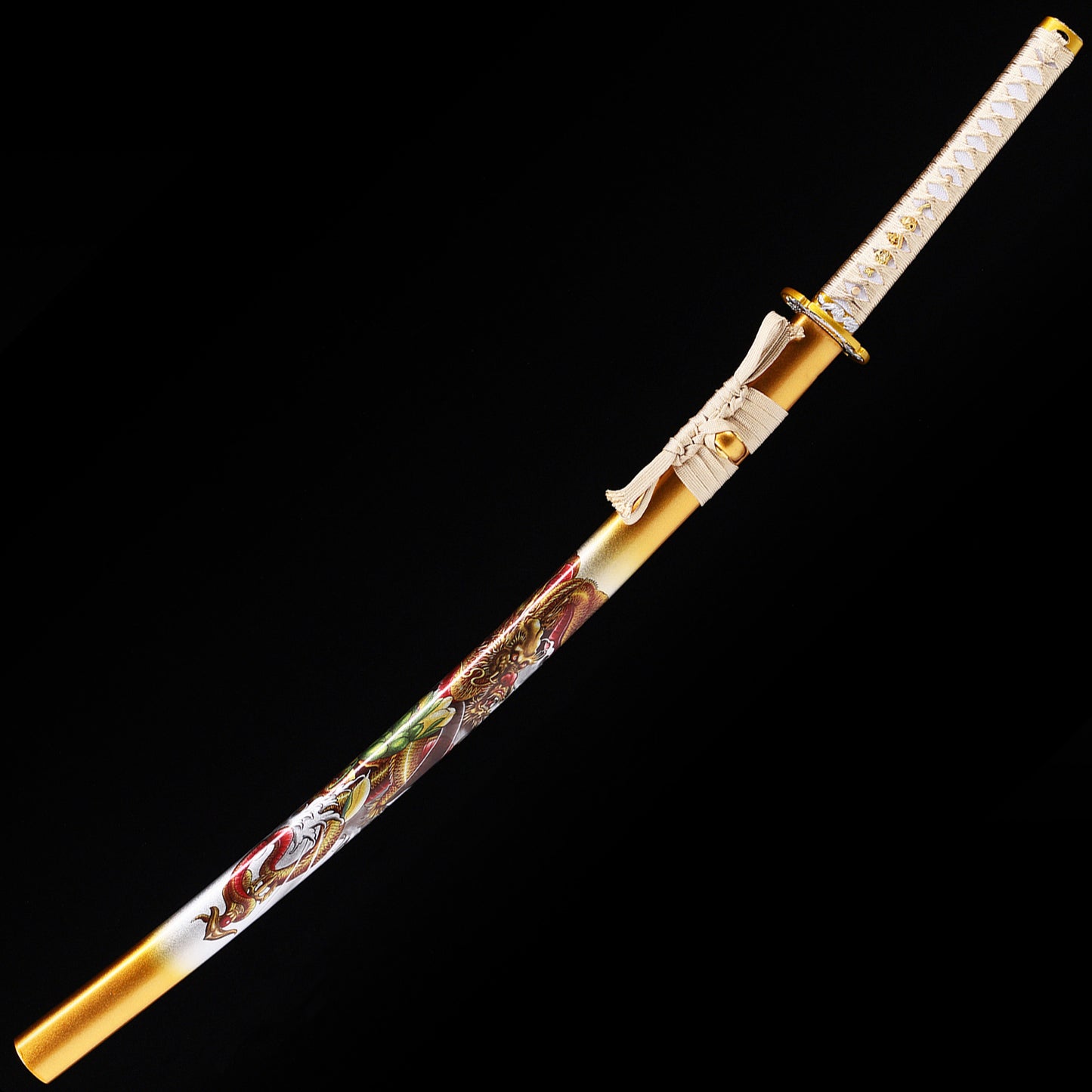 Golden Dragon katana angled view - blade curvature and dragon engraving showcase