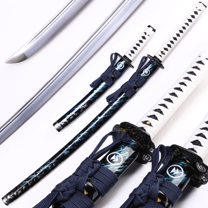 White handle blue flame samurai sword Full blade with sheath display