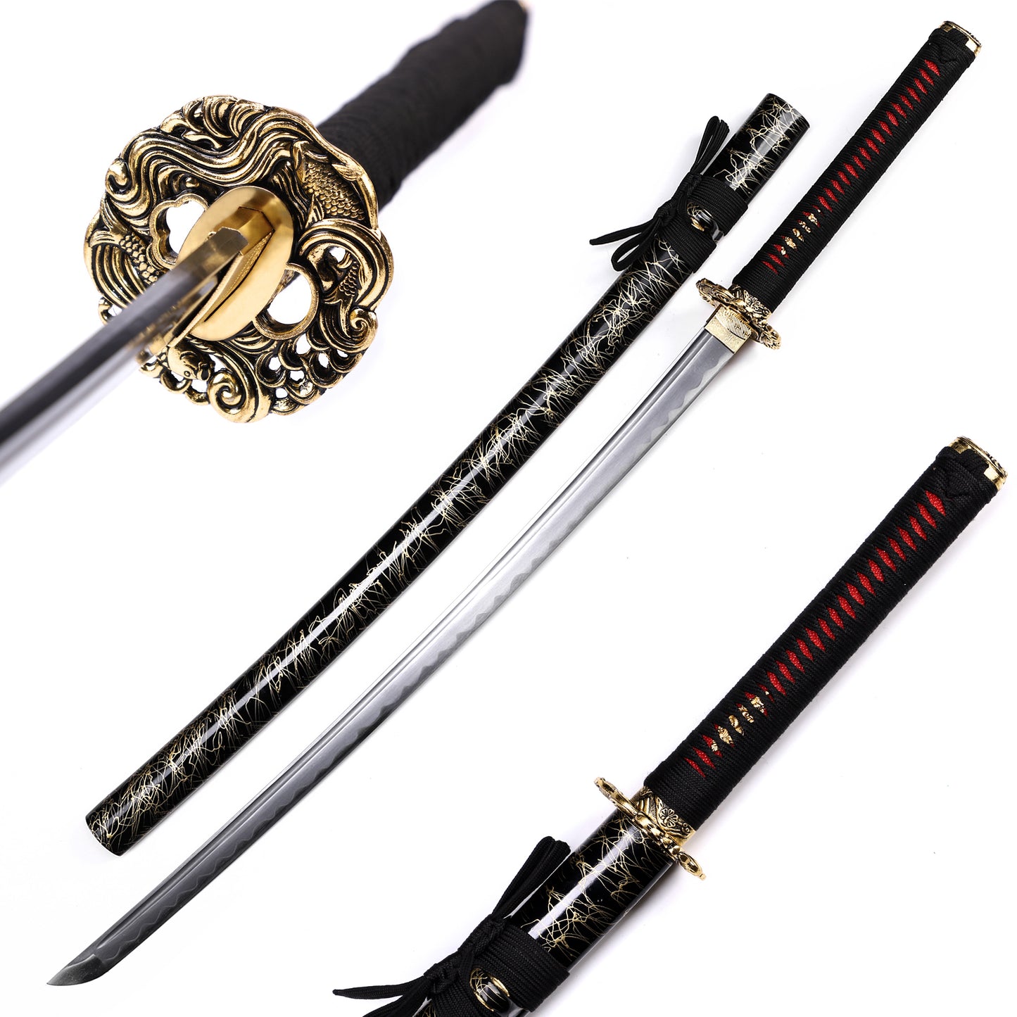 65Mn steel koi fish engraved katana full length view - full tang samurai sword