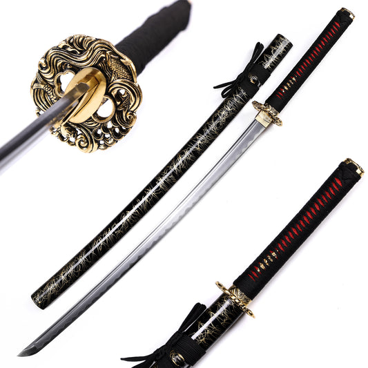 65Mn steel koi fish engraved katana full length view - full tang samurai sword
