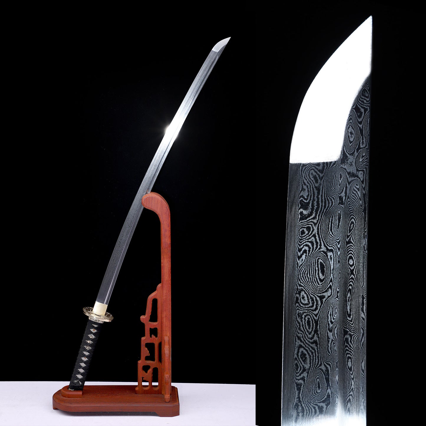 Damascus Steel Hand-Forged Katana with Black Grain Saya & Copper Fittings