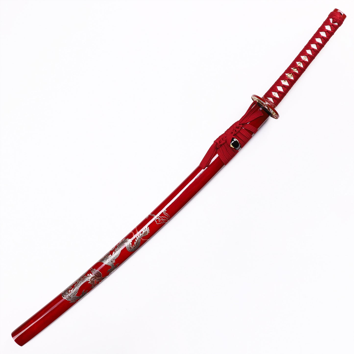 Red Dragon katana angled view - blade curvature and dragon engraving showcase