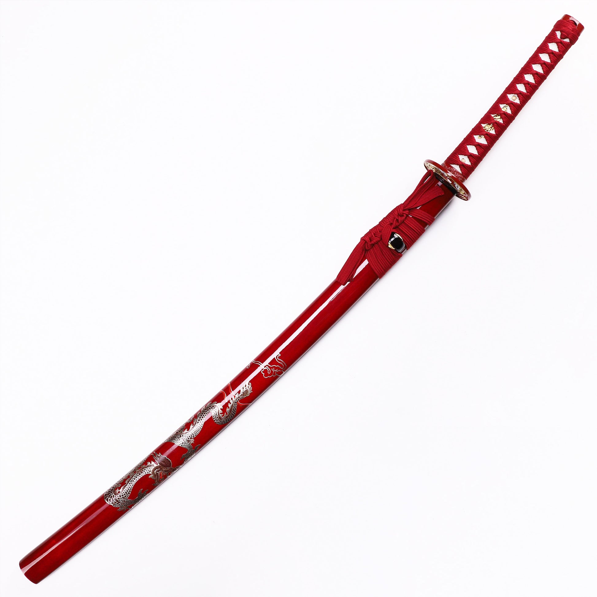 Red Dragon katana angled view - blade curvature and dragon engraving showcase