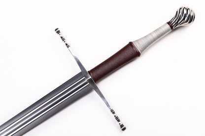 Medieval European Two Handed Sword, Vintage Crossguard Twisted Pommel Leather Scabbard