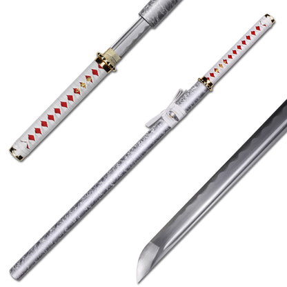 65Mn steel white saya katana angled view - gold engraved tsuba Japanese samurai sword