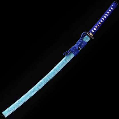 Light Blue Dragon katana angled view - blade curvature and dragon engraving showcase