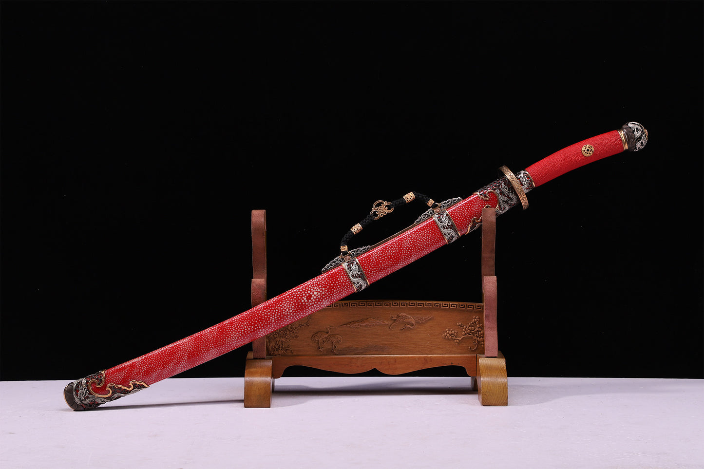 Bright Red Genuine Ray Skin Gold Silver Plated Relief Brass Sword