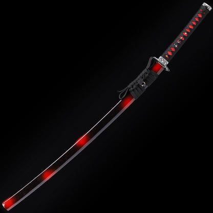 Dark Red Dragon katana angled view - blade curvature and dragon engraving showcase