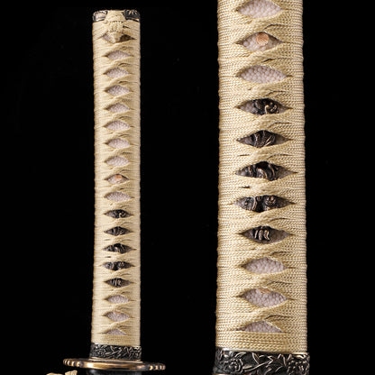 T10 steel double hamon katana beige handle close-up - beige tsuka wrap ito binding