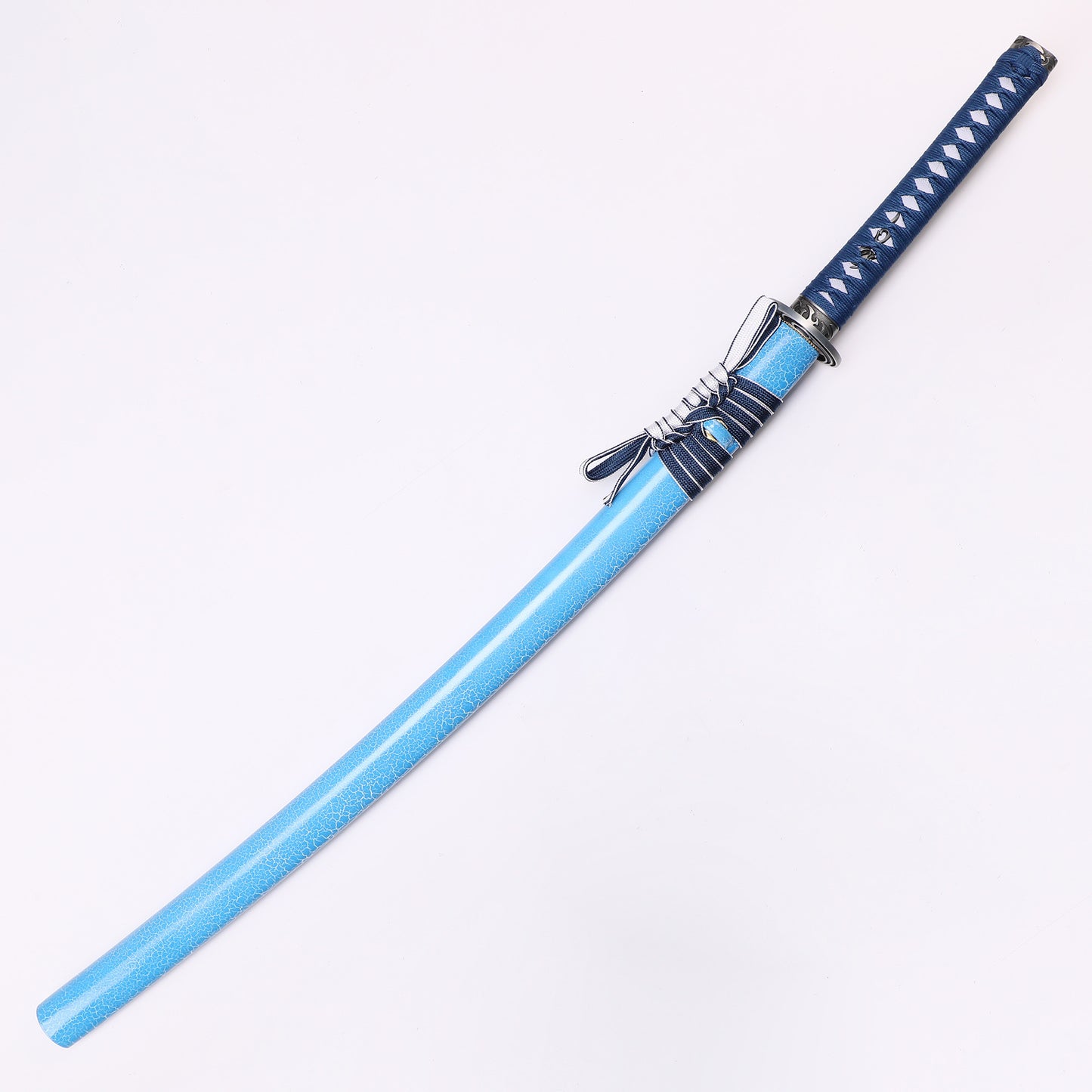 Light Blue Dragon katana angled view - blade curvature and dragon engraving showcase