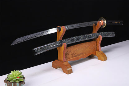 Iridescent Glitter Shell Lacquer Saya Gold Engraved Copper  Full Tang Collectible Sword