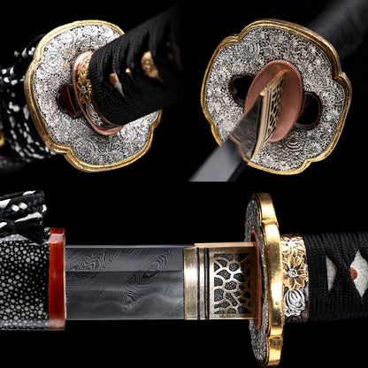 Universe Twist Pattern Clay Tempered Katana, Gold & Silver Plated Copper Fittings