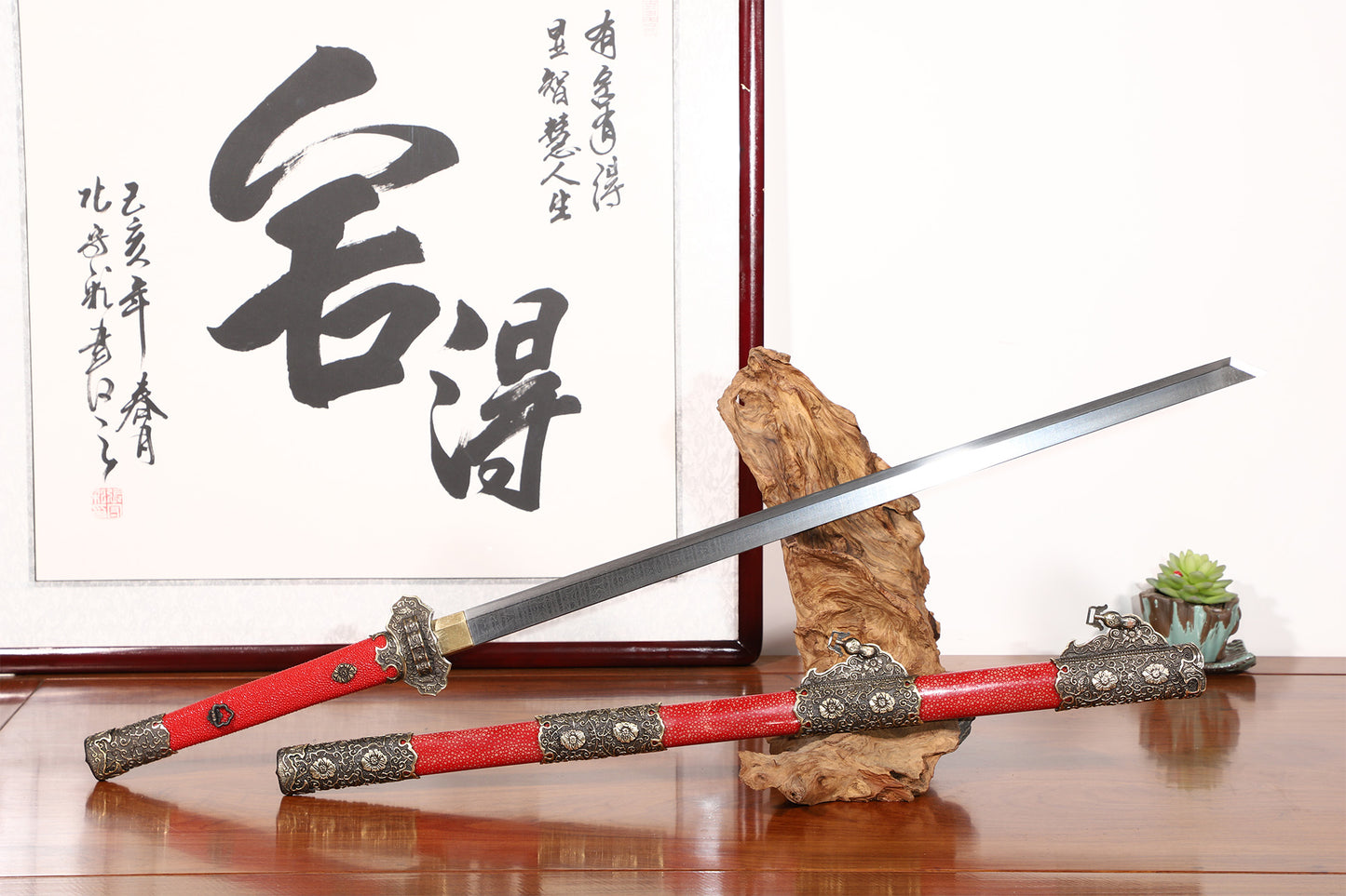 Red Genuine Ray Skin Scroll Floral Vintage Copper Fittings Sword