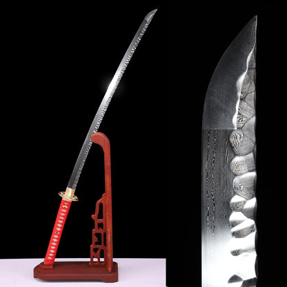 Hand-Forged Damascus Steel Katana with Hammered Blade, Red Handle & Black Saya