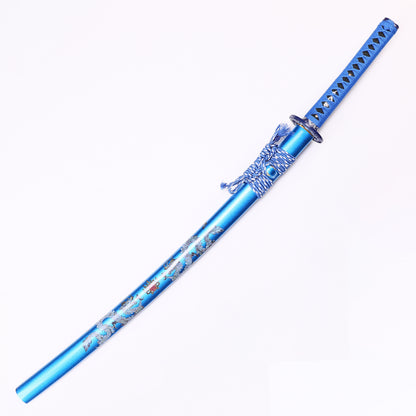 Blue Dragon katana angled view - blade curvature and dragon engraving showcase