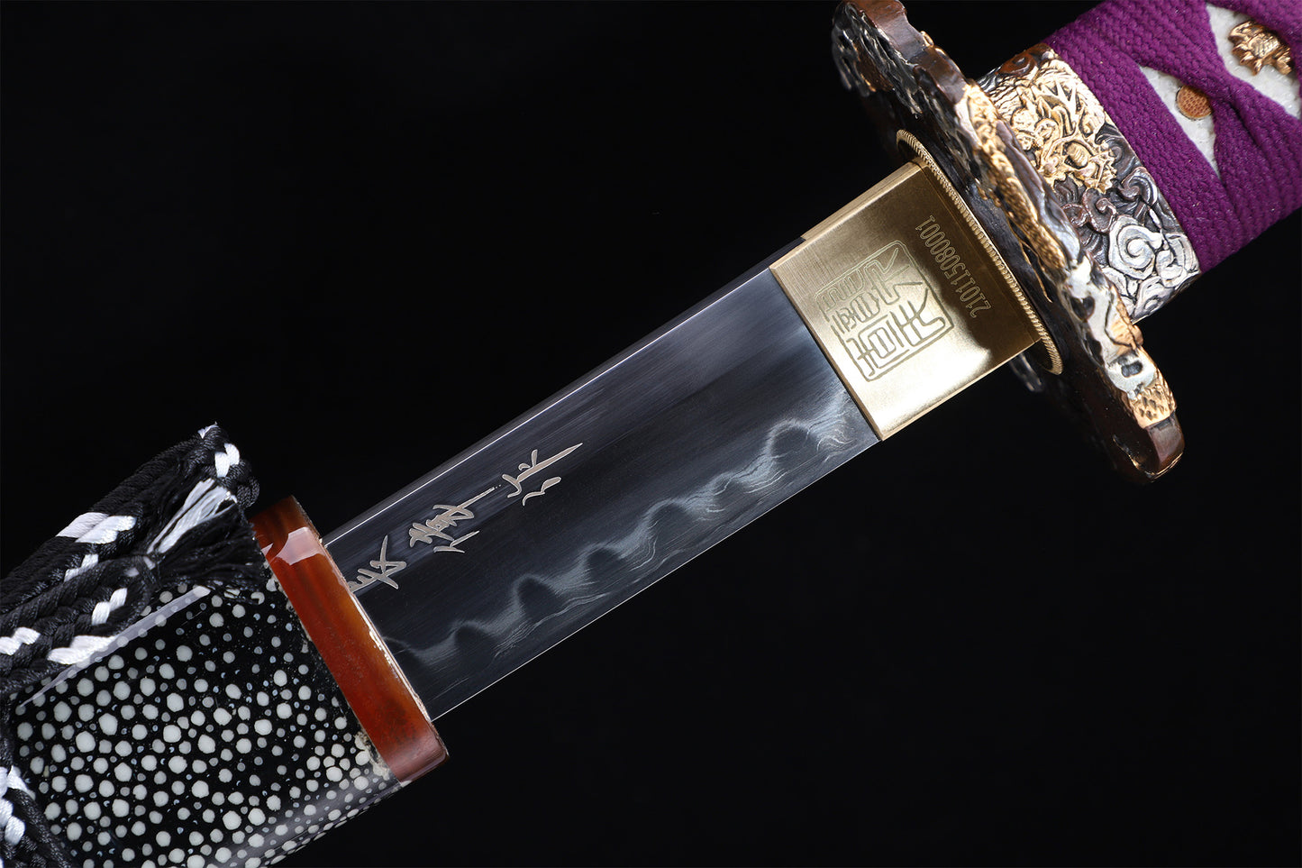 Purple Cord Gold Silver Plated Copper Horn Edged Ray Skin Lacquer Saya Full Tang  Sword