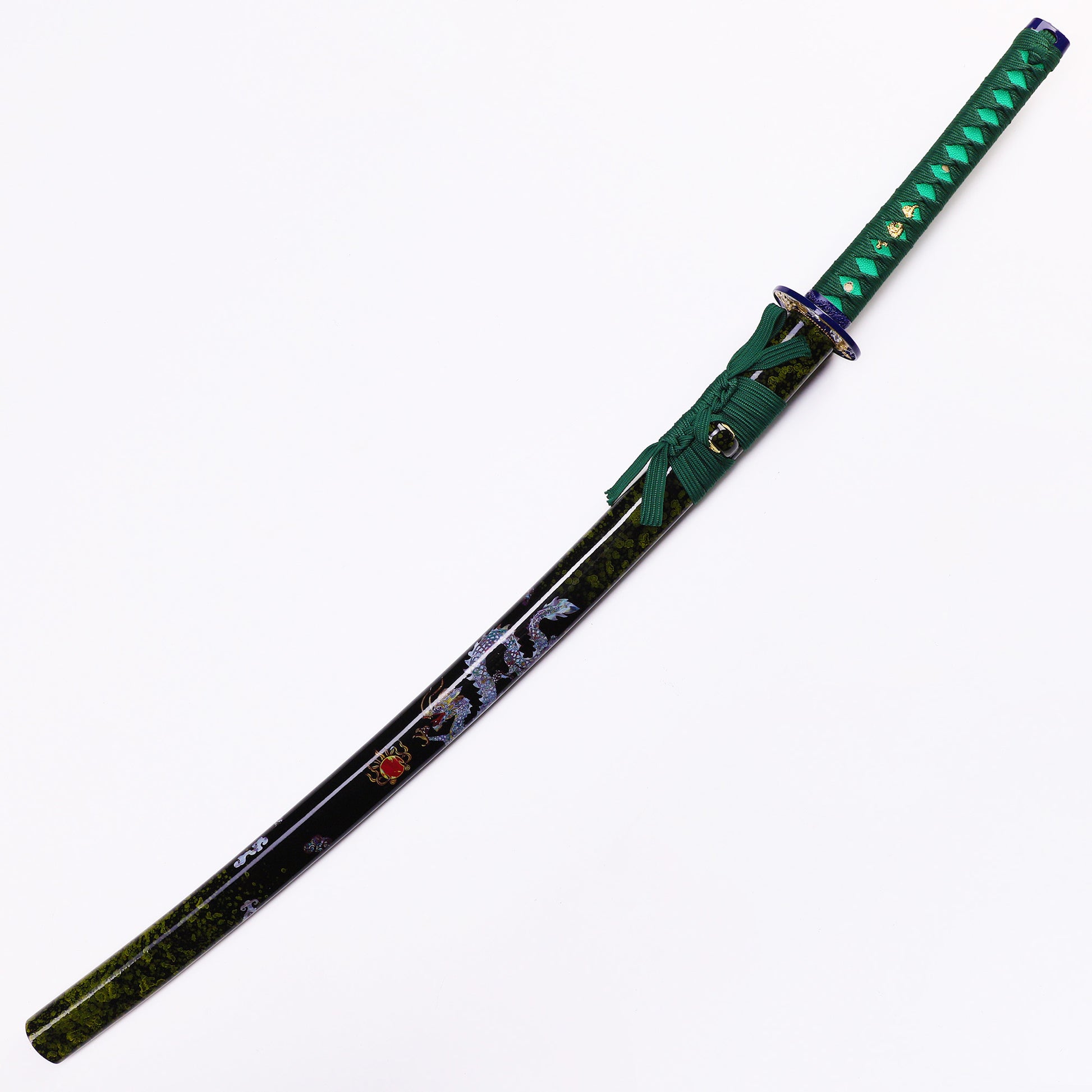 Blue Green Dragon katana angled view - blade curvature and dragon engraving showcase
