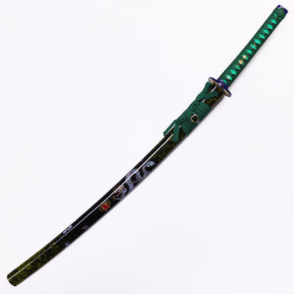 Blue Green Dragon katana angled view - blade curvature and dragon engraving showcase