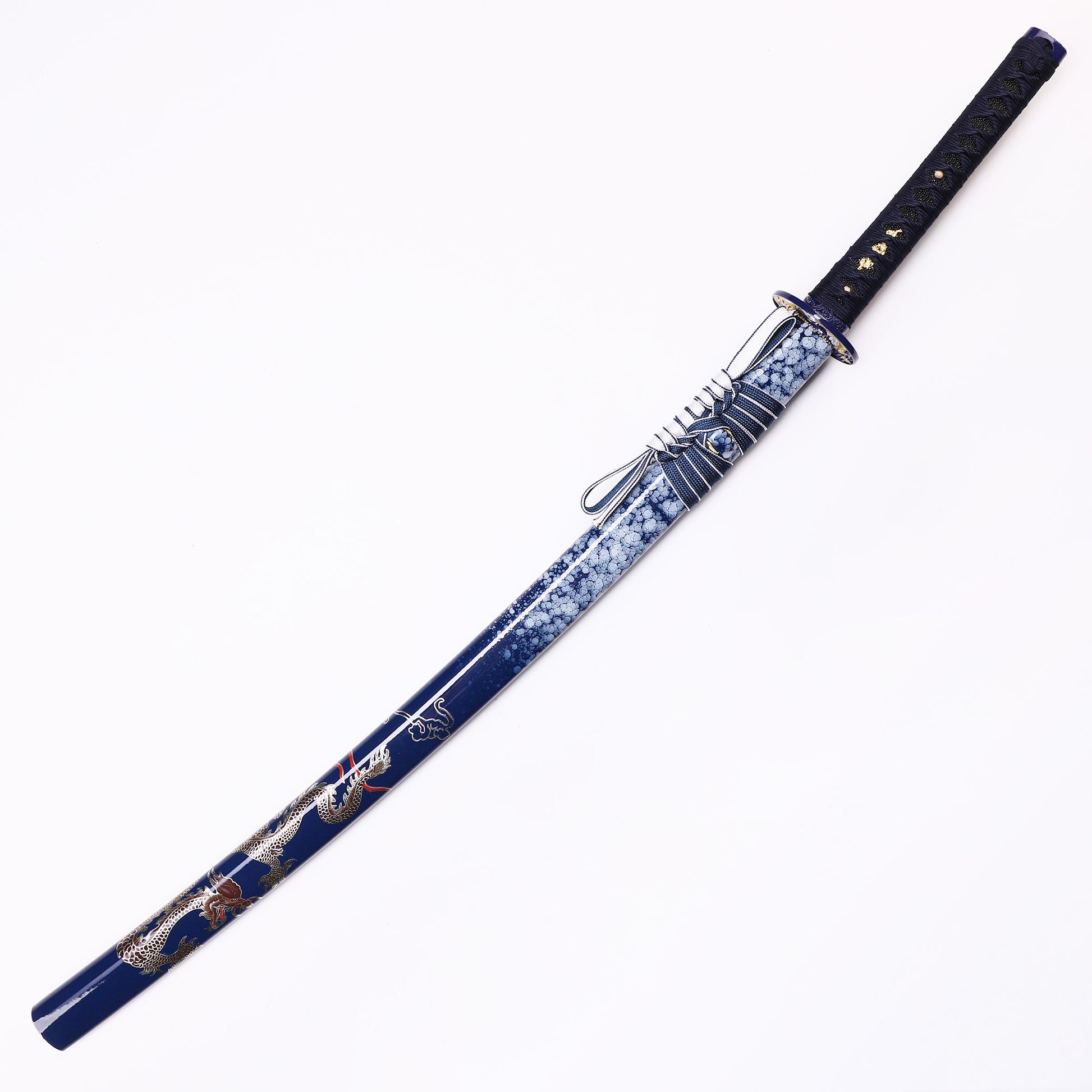 Blue Dragon katana angled view - blade curvature and dragon engraving showcase