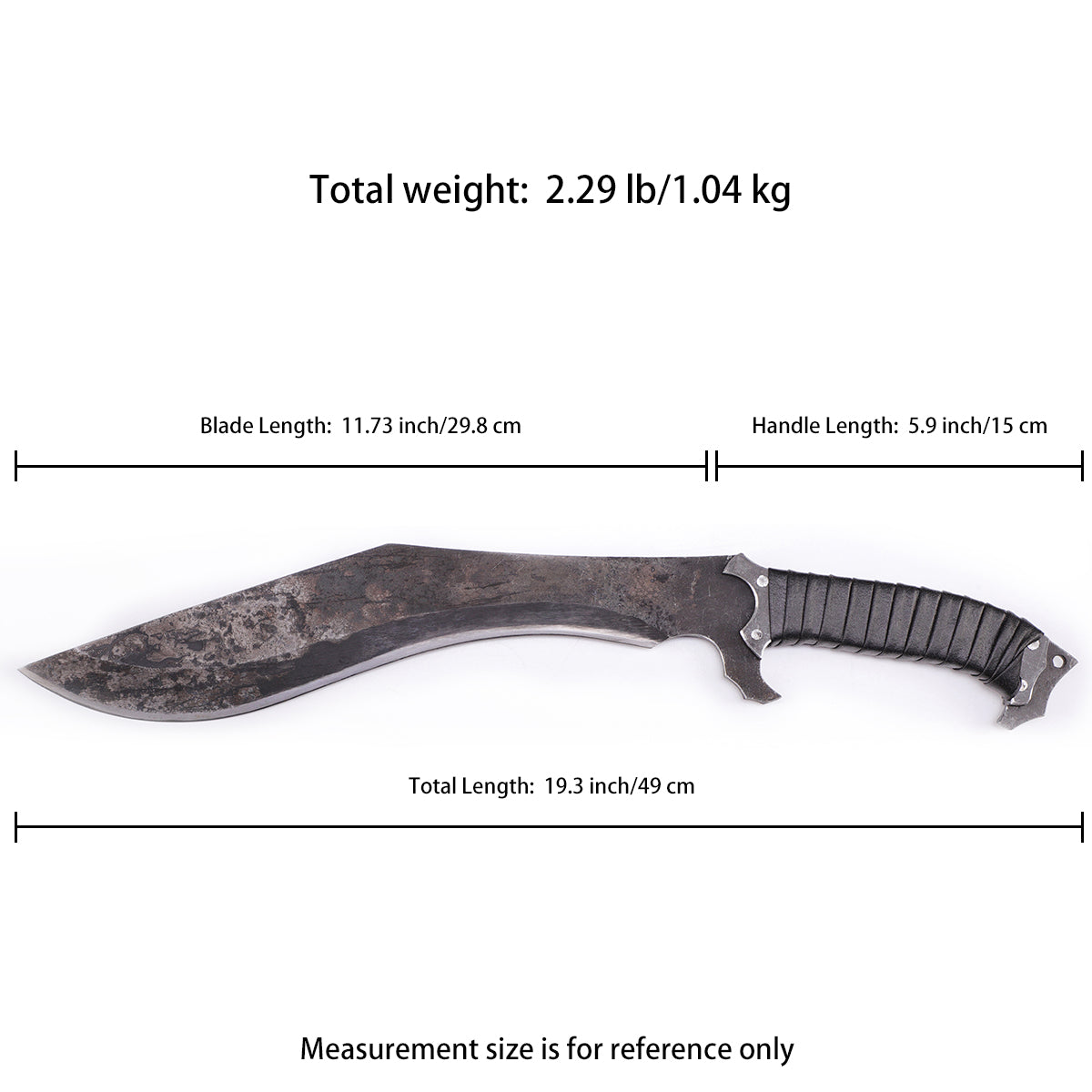 Nepalese curved kukri knife with wooden handle - Size chart