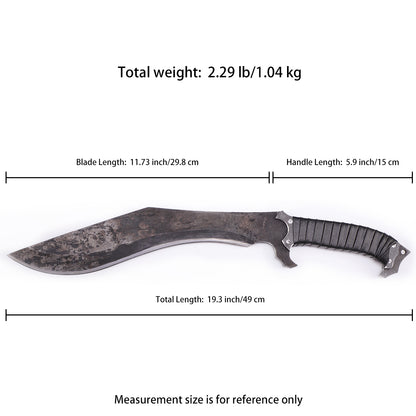 Nepalese curved kukri knife with wooden handle - Size chart
