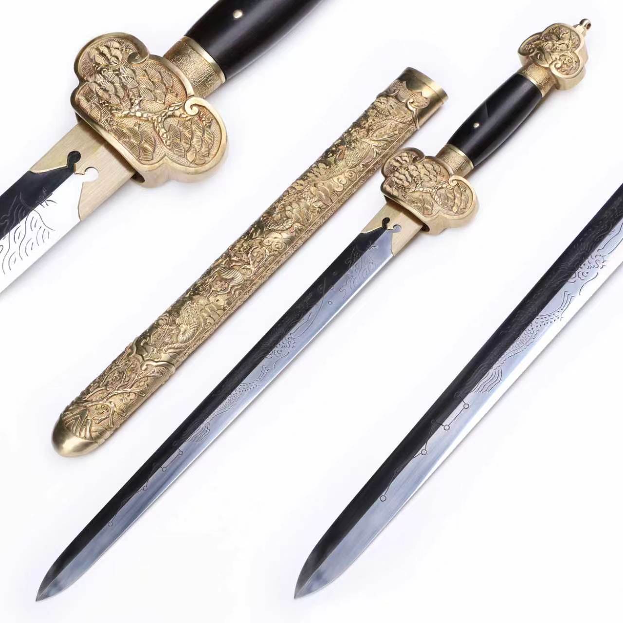 Acid Resistant Steel Engraved Dragon Blade,  Brass Scabbard & Ebony Handle Collectible Dagger