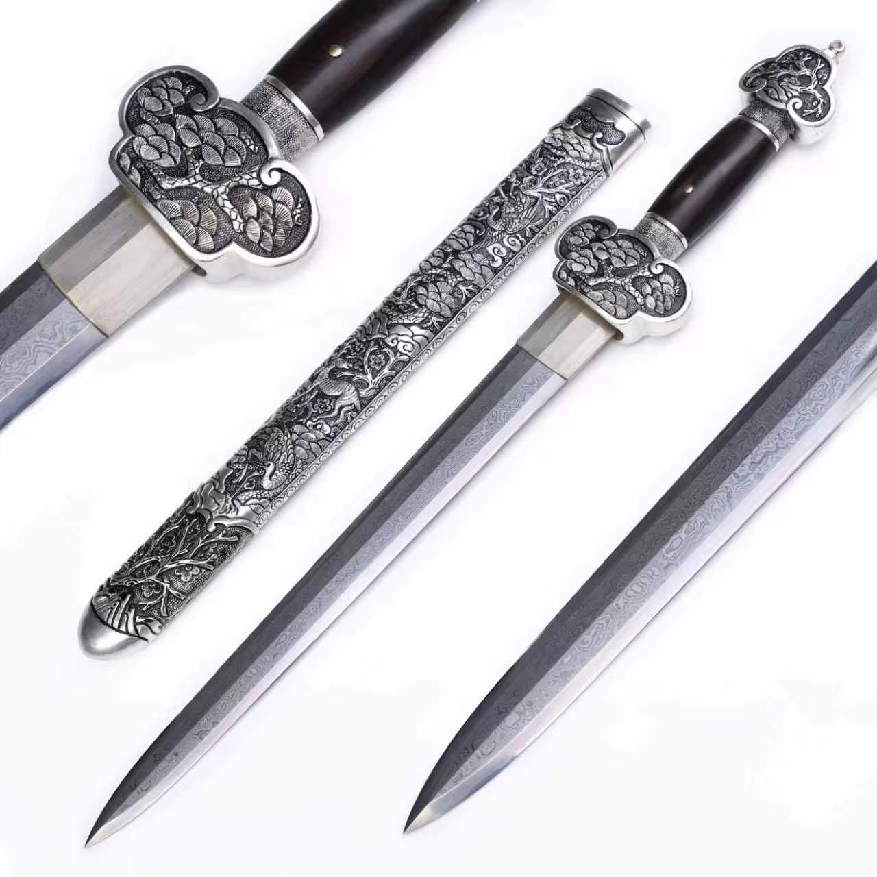 Meteorite Mixed Iron Sanmai Forged Short Sword, Antique Silver Plated Full Carved Copper Scabbard