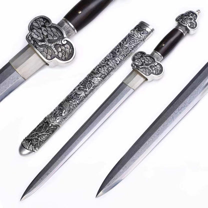 Meteorite Mixed Iron Sanmai Forged Short Sword, Antique Silver Plated Full Carved Copper Scabbard