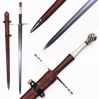 Medieval European Two Handed Sword, Vintage Crossguard Twisted Pommel Leather Scabbard
