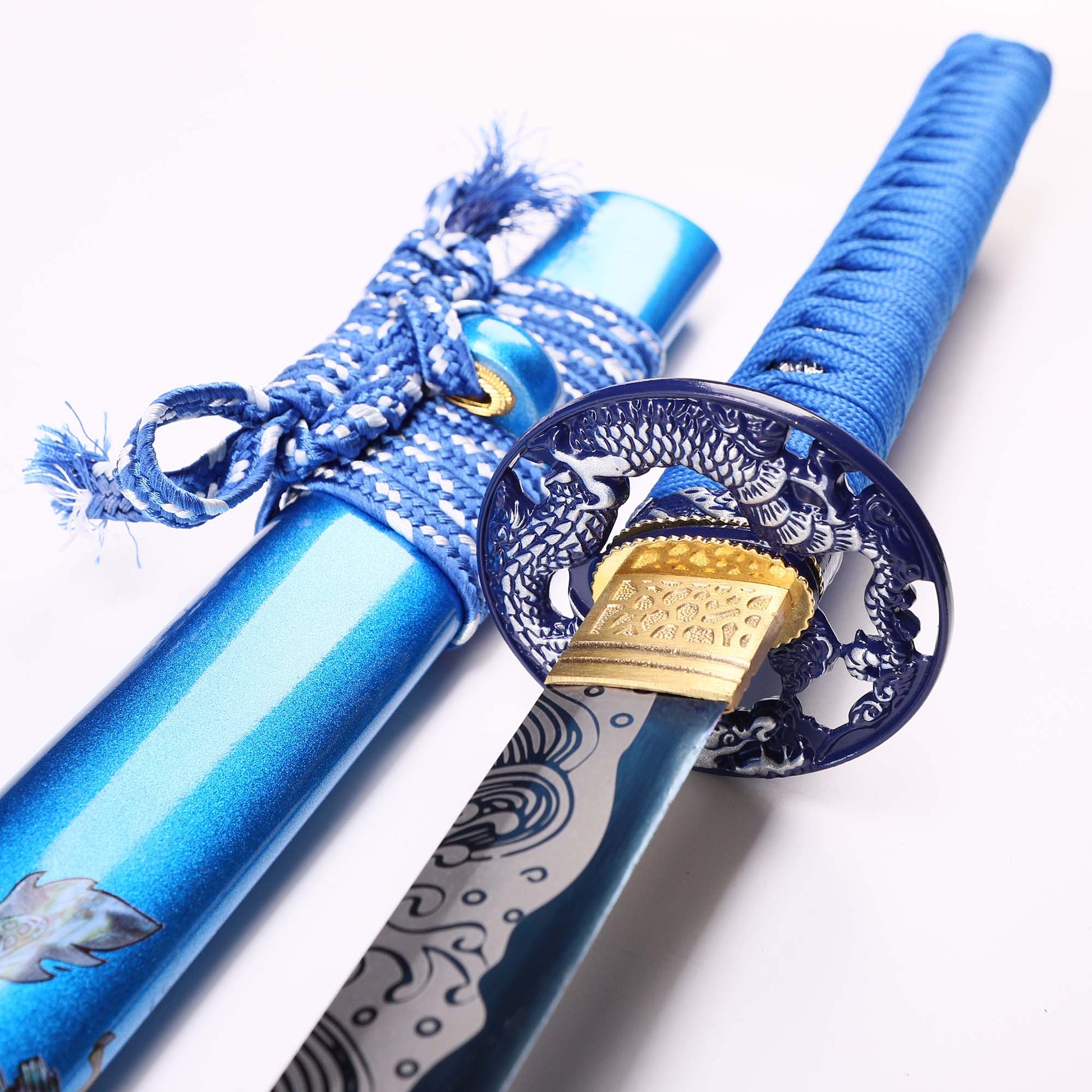 Blue Dragon katana tsuba guard detail - dragon motif hand guard close-up