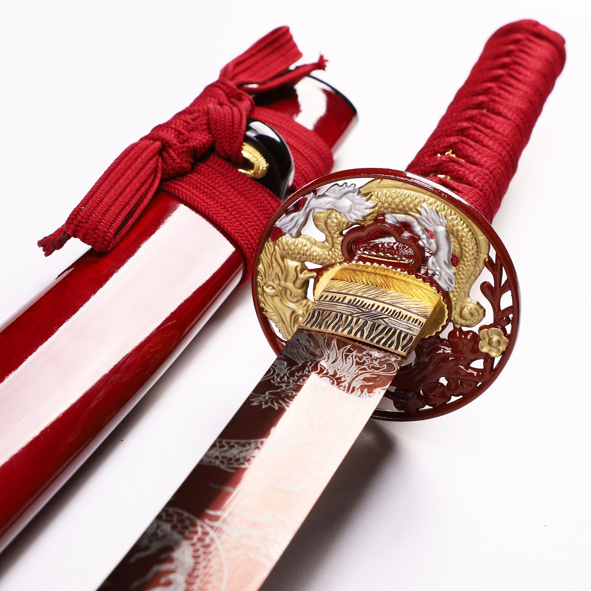 Red Dragon katana lifestyle display - full sword complete set