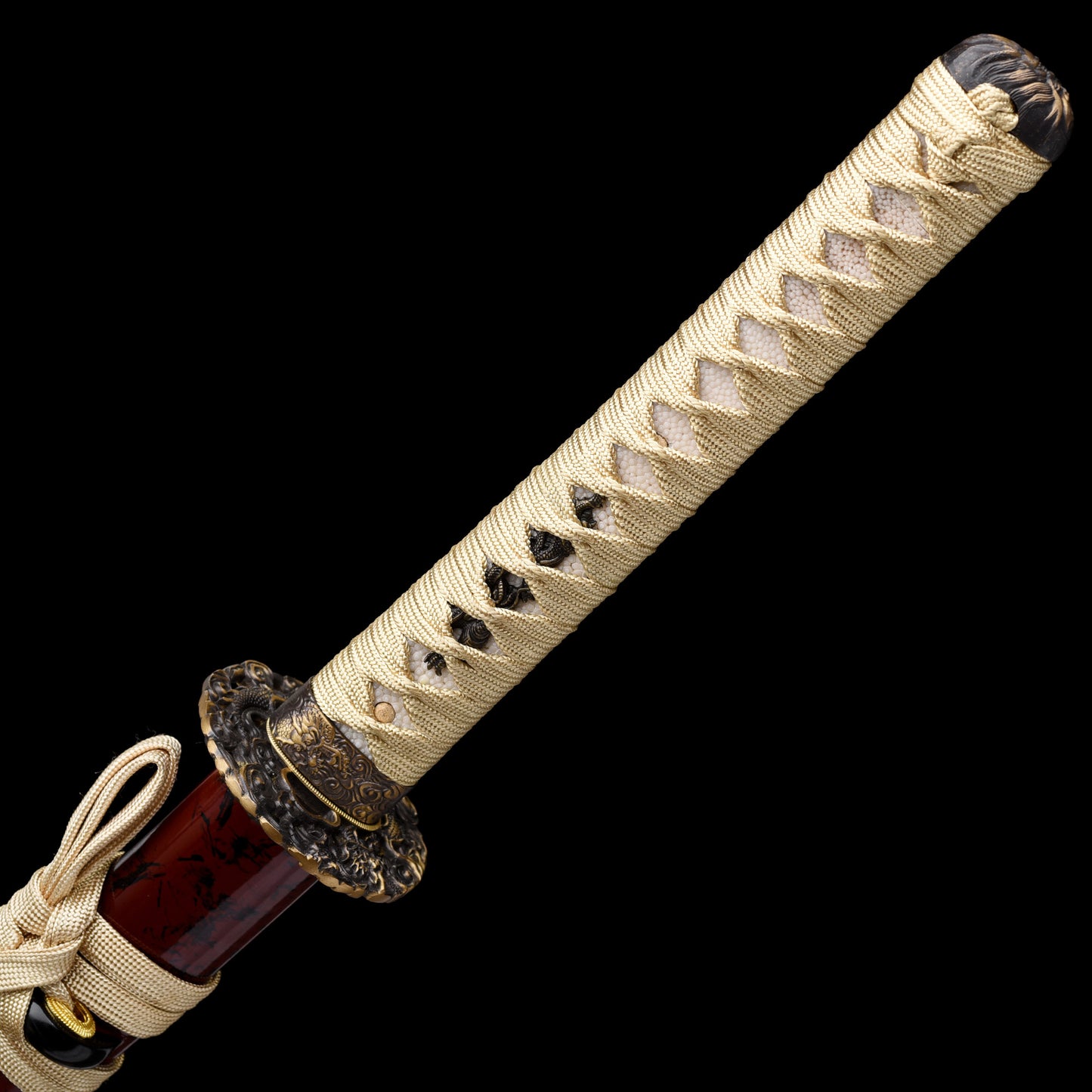 Katana sword handle close-up - traditional ray skin tsuka wrap full tang