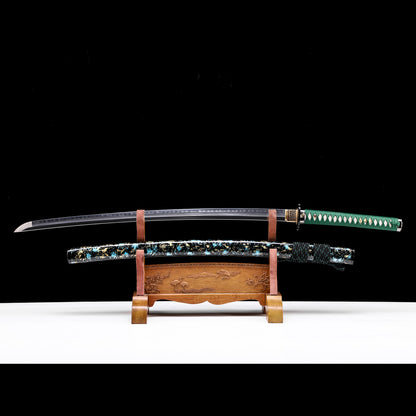 Green handle floral katana side profile - full tang steel blade floral pattern saya