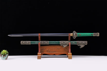 Emerald Green Genuine Ray Skin Vintage Engraved Copper Fittings Tang Straight sword