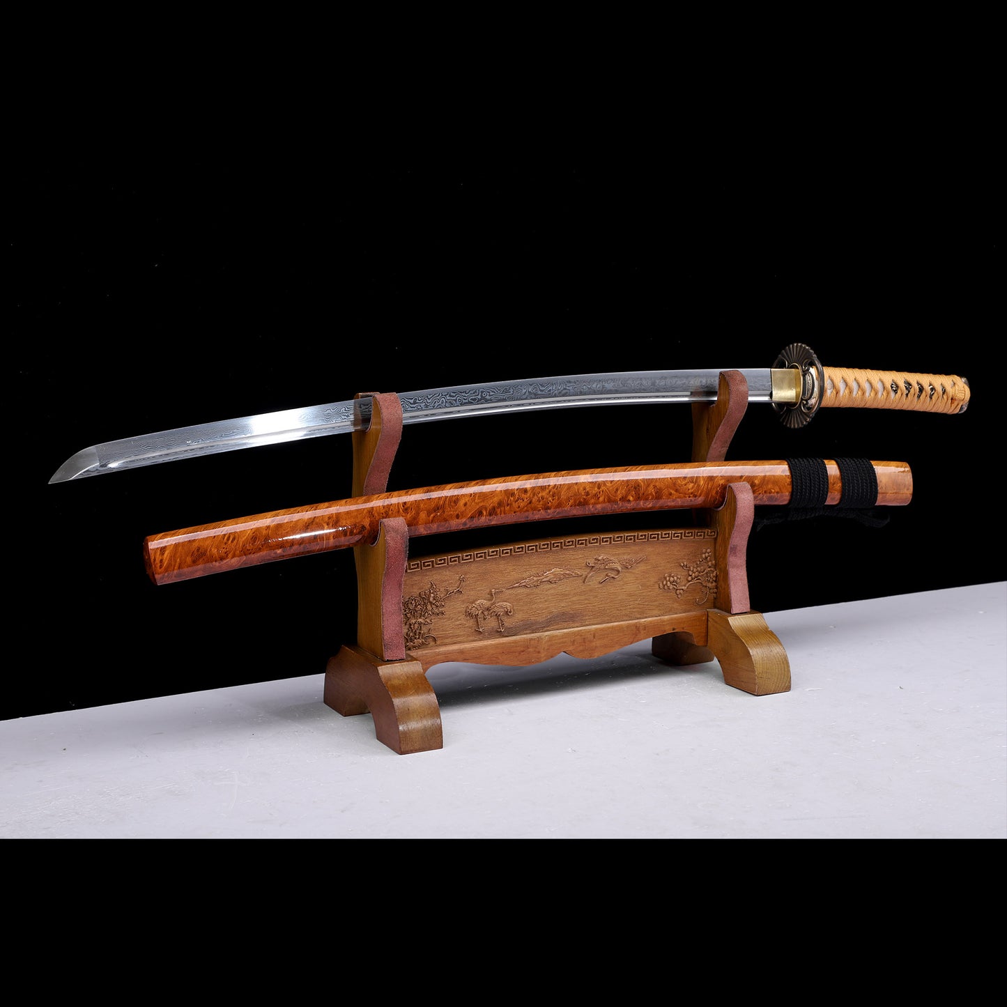 Damascus Steel Engraved Blade Katana, Burl Wood Grain Lacquer Saya