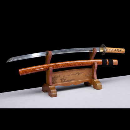 Damascus Steel Engraved Blade Katana, Burl Wood Grain Lacquer Saya