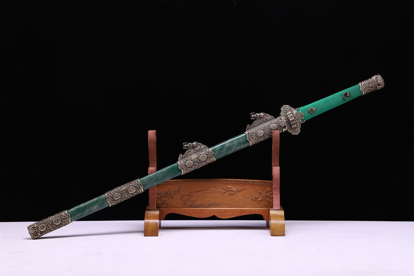 Emerald Green Genuine Ray Skin Scroll Floral Vintage Copper Fittings Sword