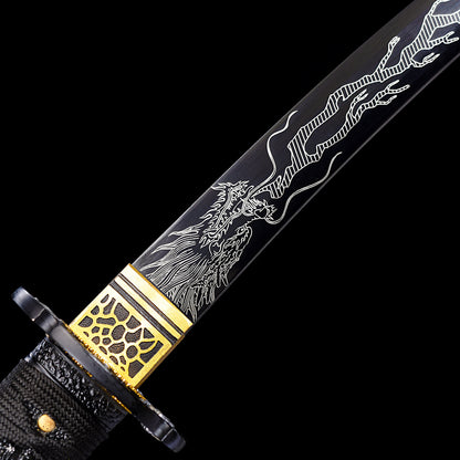 Black Tanto with Silver Dragon Etching
