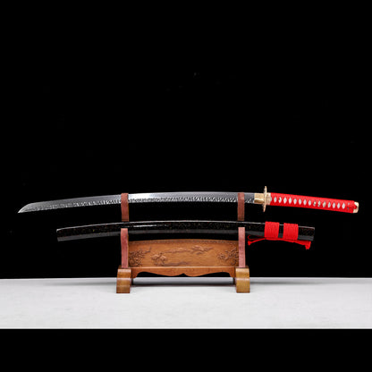 Hand-Forged Damascus Steel Katana with Hammered Blade, Red Handle & Black Saya