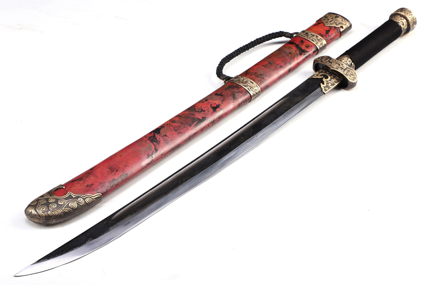 Heritage Ink Red Copper Saya Cloud Carved Brass Fittings Rope Wrapped Wood Full Tang  Sword